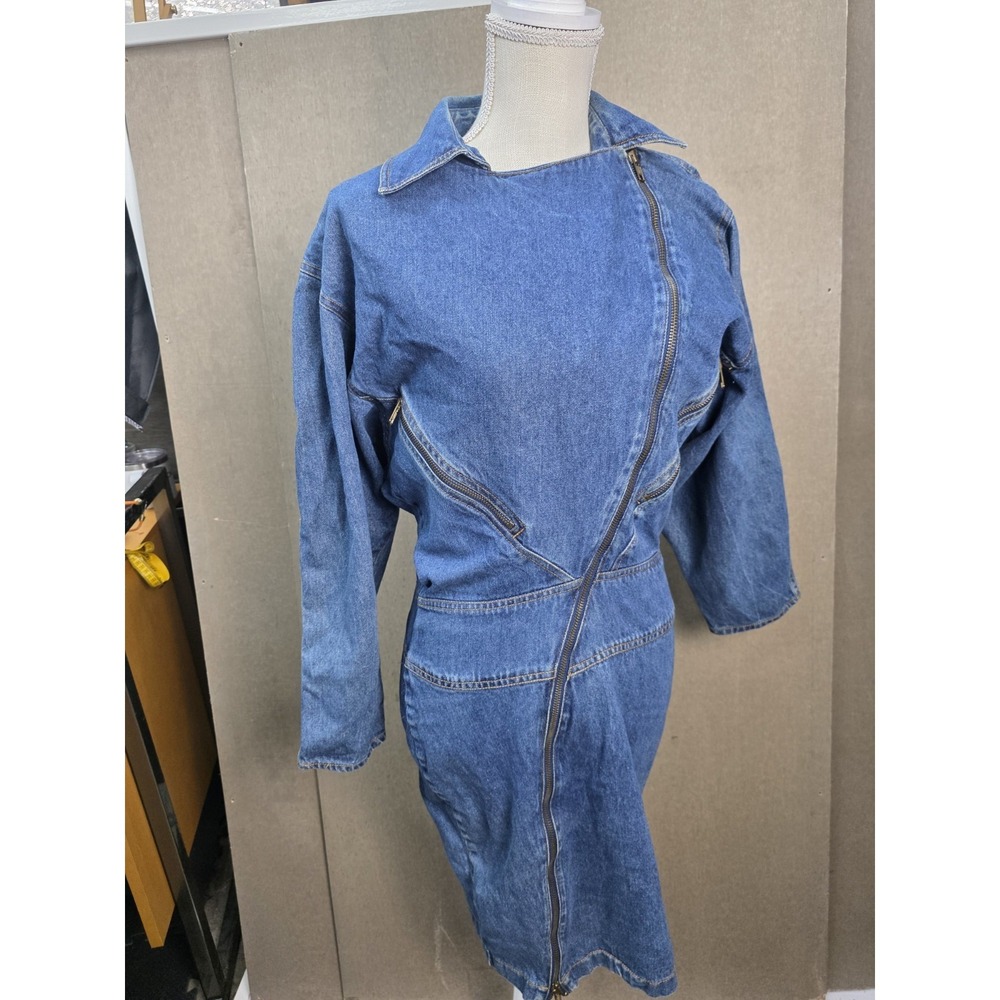Vintage Joni Blair Denim Dress Womens 7 Asymmetrical Zip Midi Blue Jean